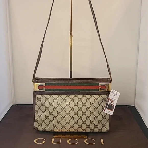 GUCCI VINTAGE 1970'S WEB SHERRY LINE COATED CANVAS/LEATHER SHOULDER BAG- RARE - Picture 3 of 17